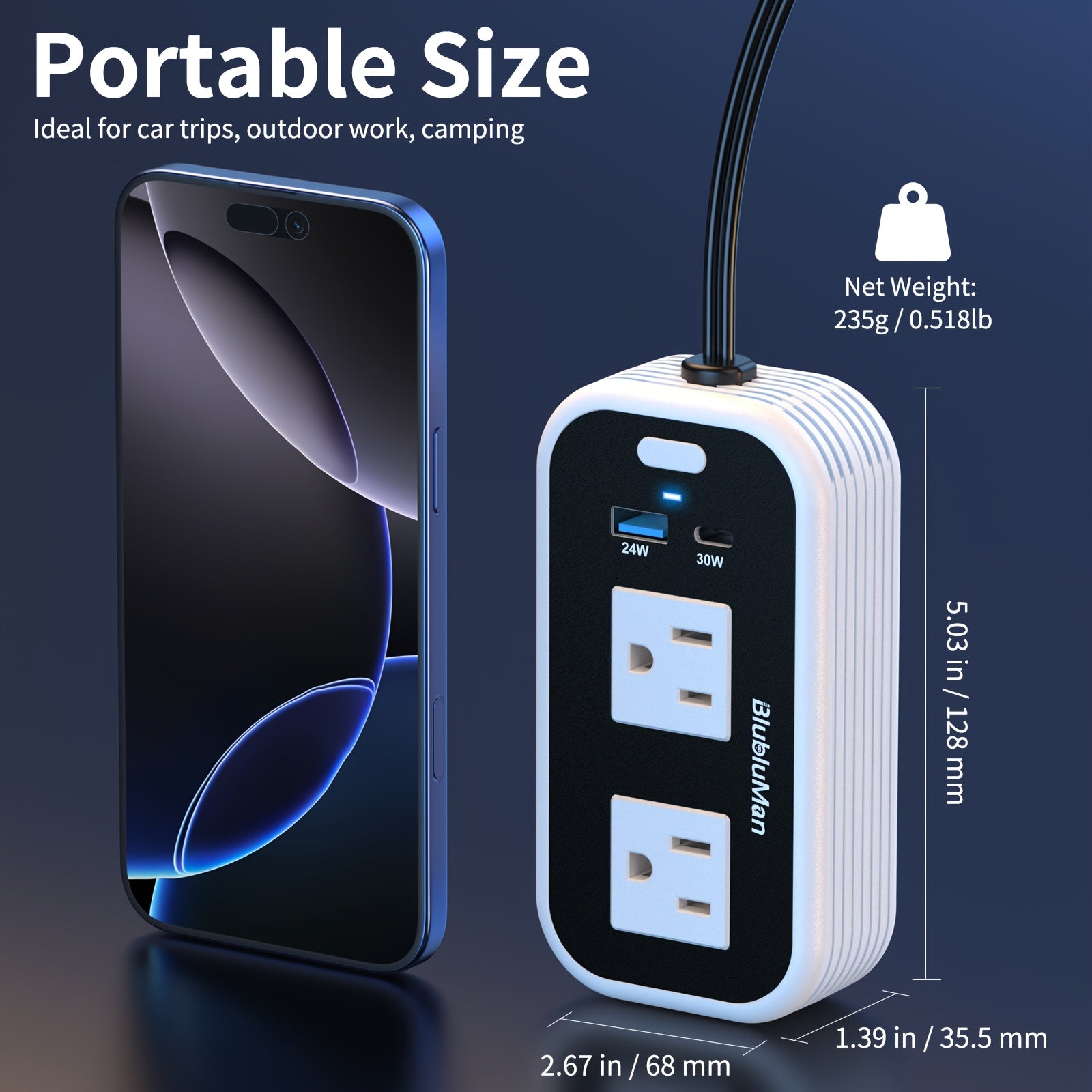 200W车载电压变换器，Blubluman 12V直流转110V交流插座带30W USB-C，QC3.0快充24W，适用于汽车的电源逆变器，笔记本电脑充电接口