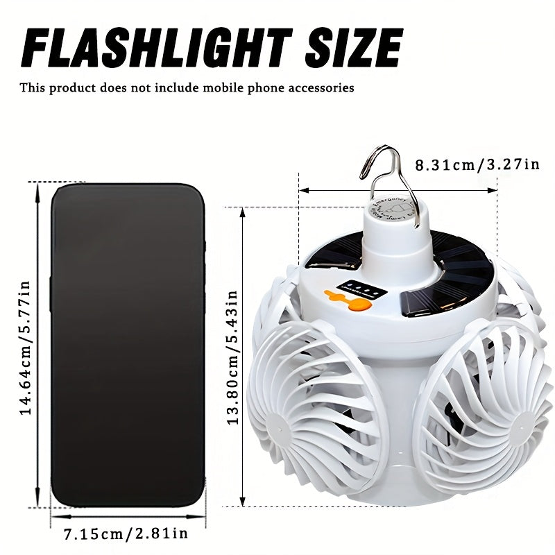 1Pc Solar & USB Rechargeable Tent Light, Portable LED Fan Light, 3 Modes Outdoor Camping Lantern, Emergency Work Light with Hook, Power Indicator, Foldable Emergency Flashlight, Ideal for Fishing, Hiking, BBQ and Outdoor Lighting