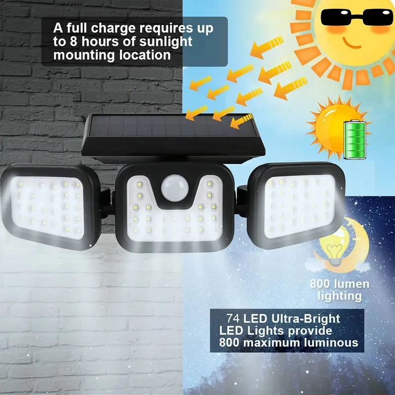 74 LED Solar Outdoor Flood Light with Motion Sensor, 3-Step Dimming and IP44 Protection Rating - Wide Angle Illumination, Perfect for Garden, Driveway, Courtyard and Commercial Street Lighting