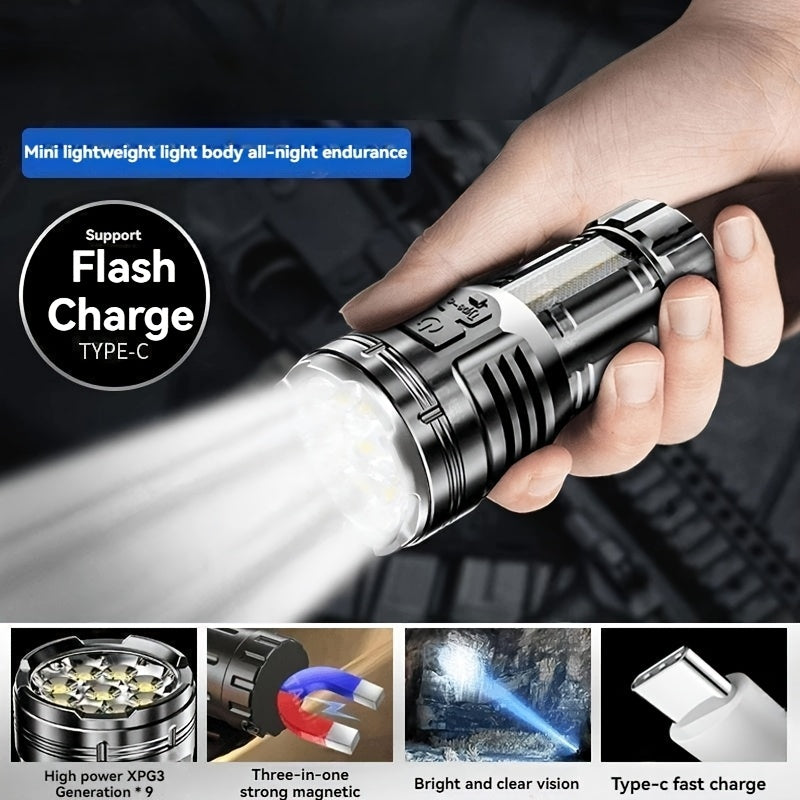 1PC 2025 New Rechargeable 9-LED Flashlight with COB Side Light, USB Power Supply, 1800mAh Lithium Battery, Standard Functions Including USB Cable, Portable Emergency Spotlight for Outdoor Use