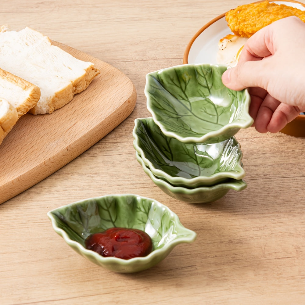 4/6pcs 40ml / 1.35oz Ceramic Dip Dish – Cute Green Leaf Soy Sauce Dish – Heat-Resistant Ceramic Espresso Measure Cup – Perfect for Serving Coffee, Sauce, Honey &amp; Milk – Espresso Bar Table Décor
