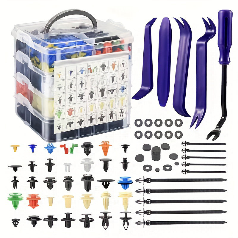 Automotive Retainer Clip Kit with 5 Removal Tools - 6 Sizes of Plastic Push-Type Trim Clips Fasteners, Car Body Bumper Fender Rivet Assortment for Trucks & Motorcycles