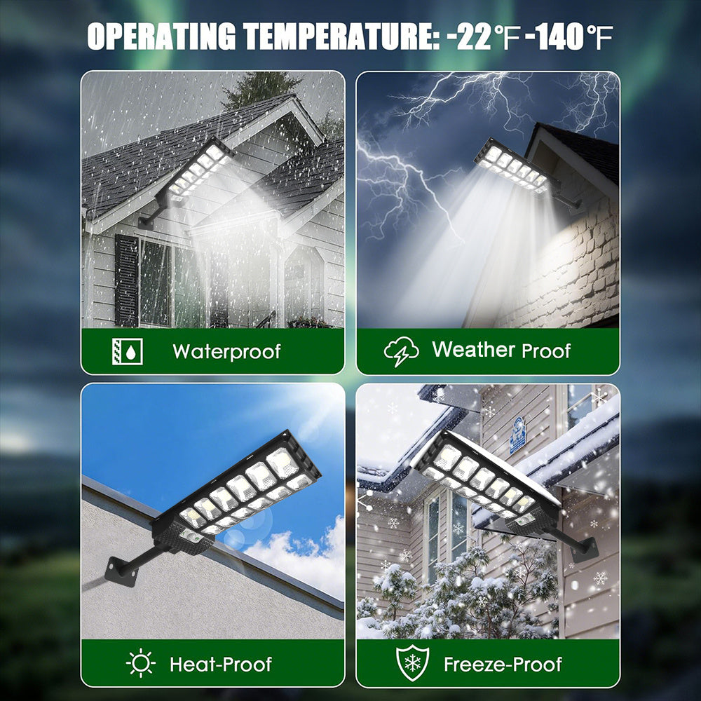 Super Bright LED Solar Street Light - 6500K Color Temperature, IPX5 Protection Rating, Dusk-to-Dawn Auto Sensor Outdoor Floodlight, with Wide Angle PIR Motion Sensor, 3 Lighting Modes, Perfect for Garages, Cafes, Hotels, Shopping Malls