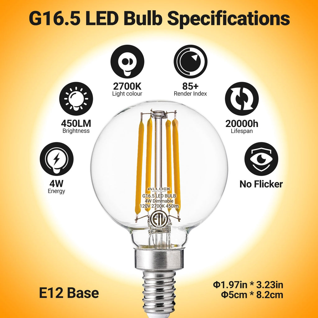 6-pack, G16.5 candelabra globe bulb, 4 watt 120V LED bulb, 450 lumens, 2700K warm white, 5000K cool white, E12 base Edison G50 LED bulb, G50 globe bulb suitable for chandeliers, vanity lights and pendant lights