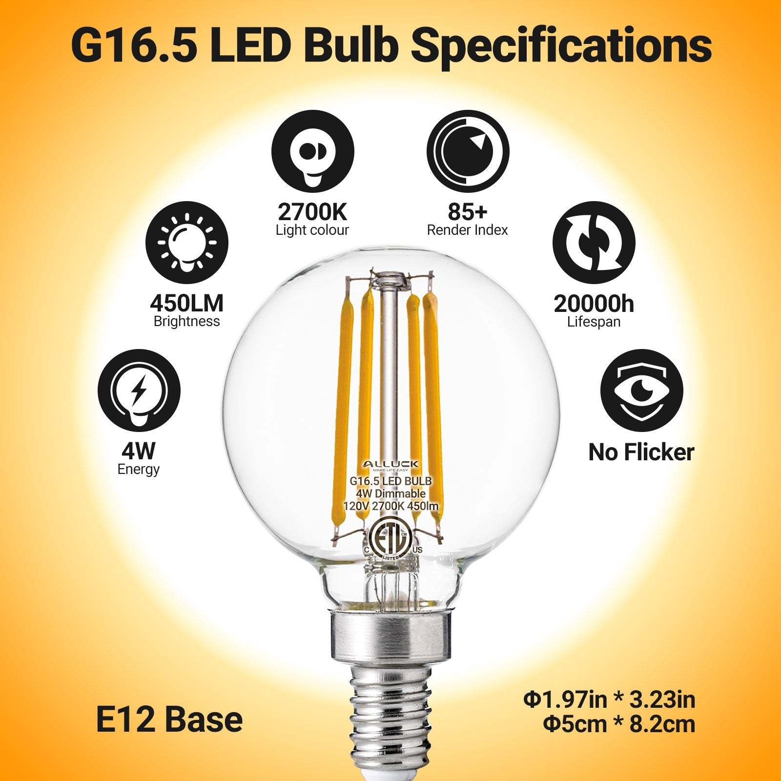 6-pack, G16.5 candelabra globe bulb, 4 watt 120V LED bulb, 450 lumens, 2700K warm white, 5000K cool white, E12 base Edison G50 LED bulb, G50 globe bulb suitable for chandeliers, vanity lights and pendant lights