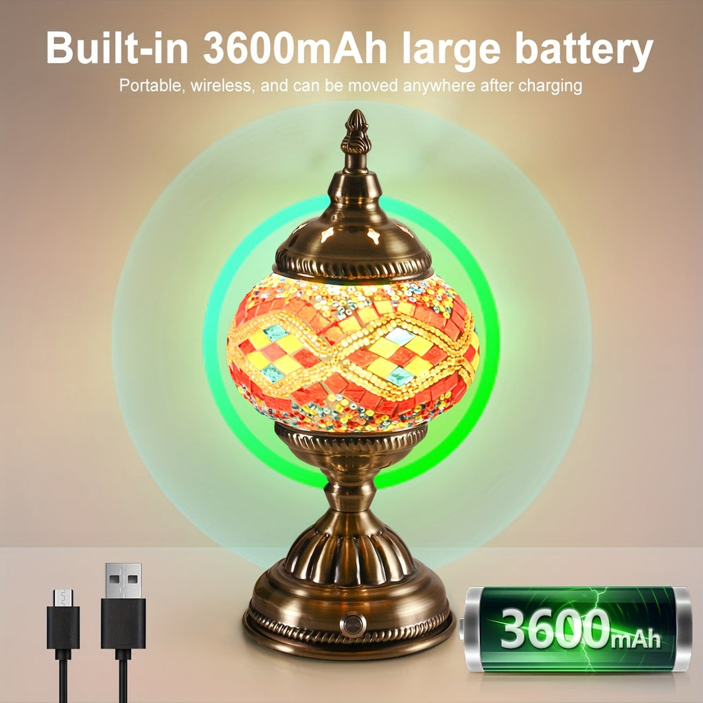 Turkish-Moroccan mosaic rechargeable night light, portable cordless table lamp, 3600mAh rechargeable battery, bohemian stained glass, handmade decorative light for bedroom, dining room, living room, office, holiday gift