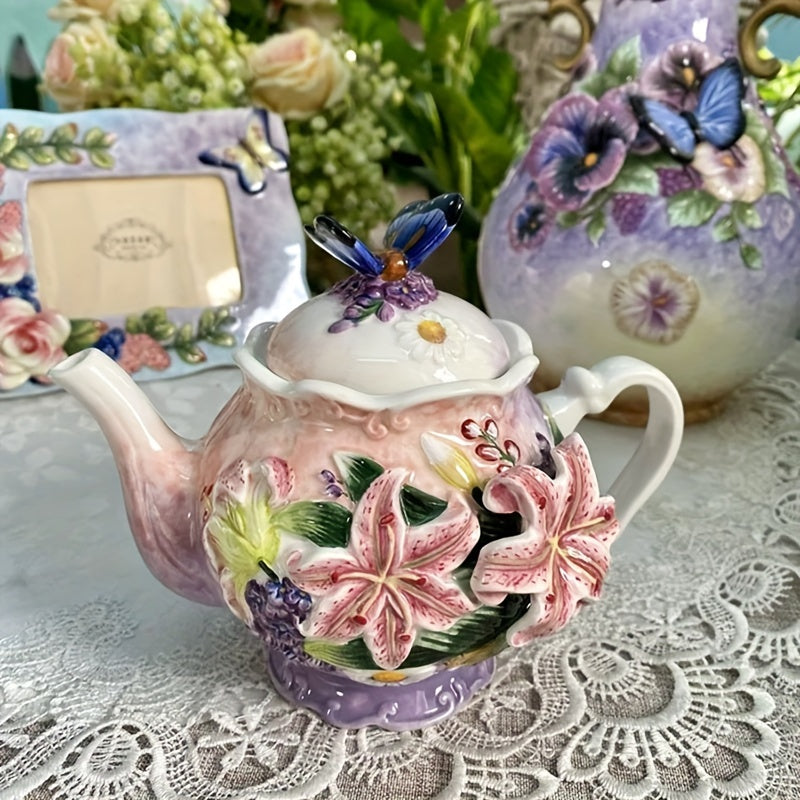 Christmas Gift, Jane Eyre Series Lily & Butterfly Teapot, Exquisite Relief Craftsmanship, Vibrant Colors, 13.53oz