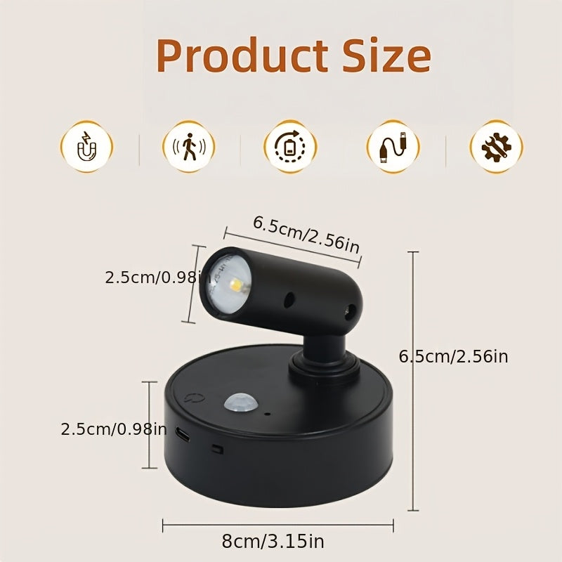 Tri-color temperature wireless motion sensor spotlight, magnetic wall light, high-efficiency sensor light, battery-powered rechargeable wall light, adjustable warm/cool/neutral light, indoor spotlight, suitable for hallways, photos, artwork display