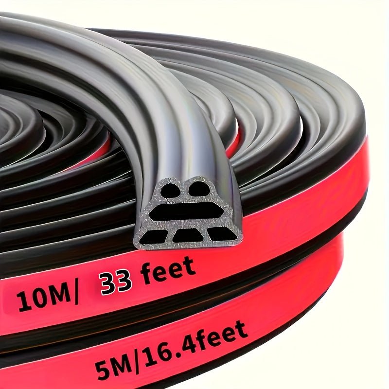 33FT Self-Adhesive Rubber Car Door Seal Strip - Waterproof, Noise Reduction, Multi-Chamber Design, Suitable for Front Doors, Hood and Trunk, Available in Two Sizes: 33FT and 16.4FT
