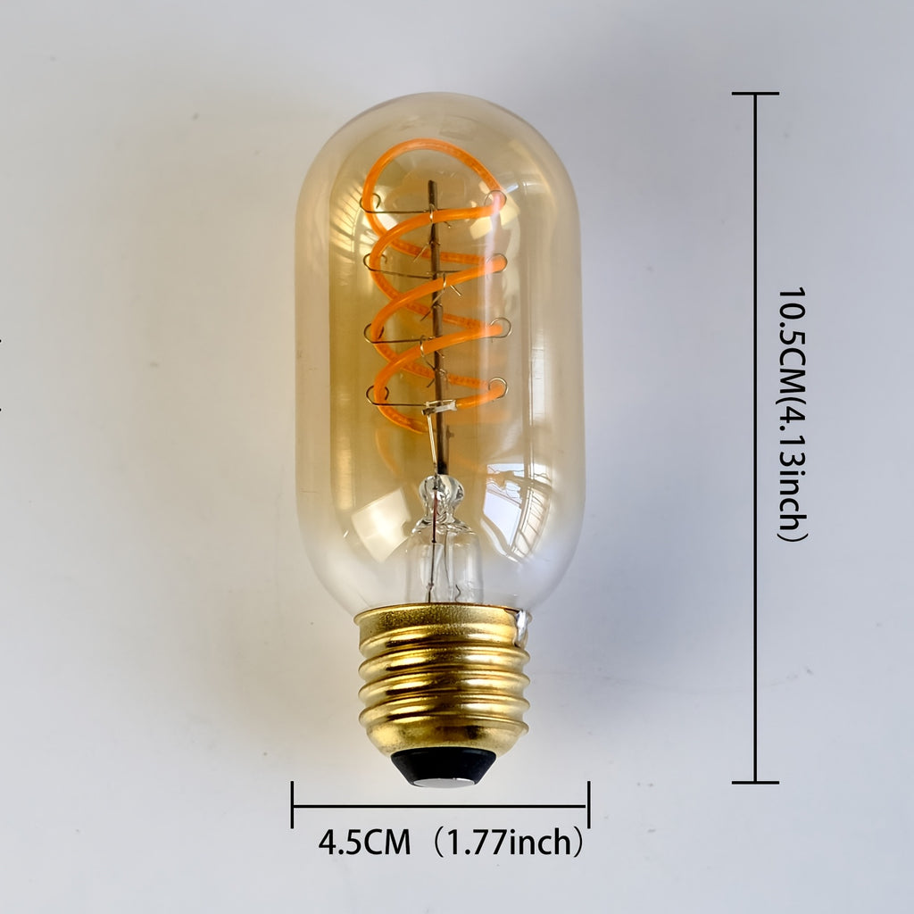 1 Edison LED decorative bulb, T45 tubular bulb 120V 4W 2300K warm yellow amber clear glass LED spiral filament bulb E26 base, dimmable, suitable for bedroom, dining room, bar, warm home lighting replacement bulb