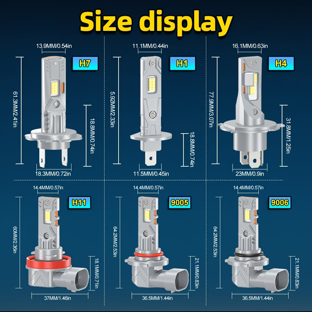 2 LED Headlight Bulbs, Compatible with 9005/HB3, 9006/HB4, H1, H4, H7, H11 Models, 60000 Lumens Super Bright High/Low Beam, Supports CANBUS Error-Free Technology, 800% Brightness Increase, 6000K Cool White Light, Plug-and-Play