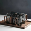 6-Piece High-Borosilicate Glass Cup Set – High Appearance Value, Heat-Resistant Glass Cups for Home Use – Living Room Wood Handle Cups – Black Walnut Wood Tea Cup Set