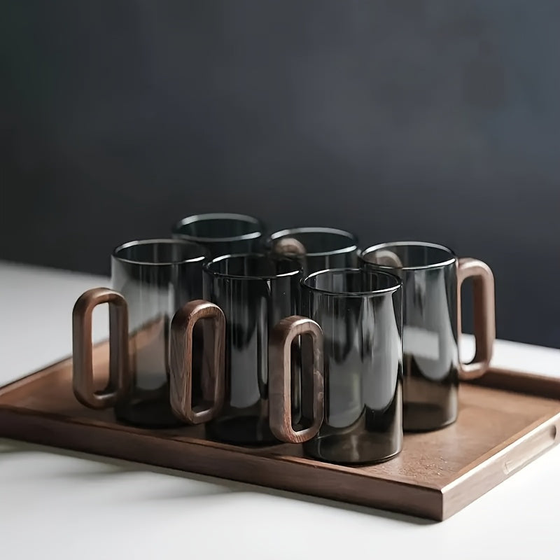 6-Piece High-Borosilicate Glass Cup Set – High Appearance Value, Heat-Resistant Glass Cups for Home Use – Living Room Wood Handle Cups – Black Walnut Wood Tea Cup Set