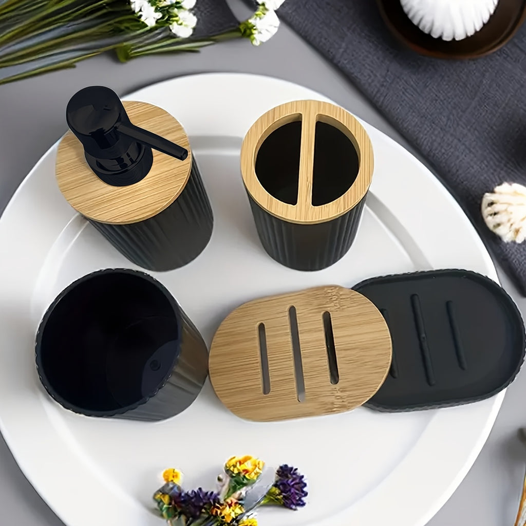4-Piece Bathroom Accessory Set - Countertop Hand Soap Bottle, Toothbrush Holder, Soap Dish, Bathroom Storage Organizer & Stand