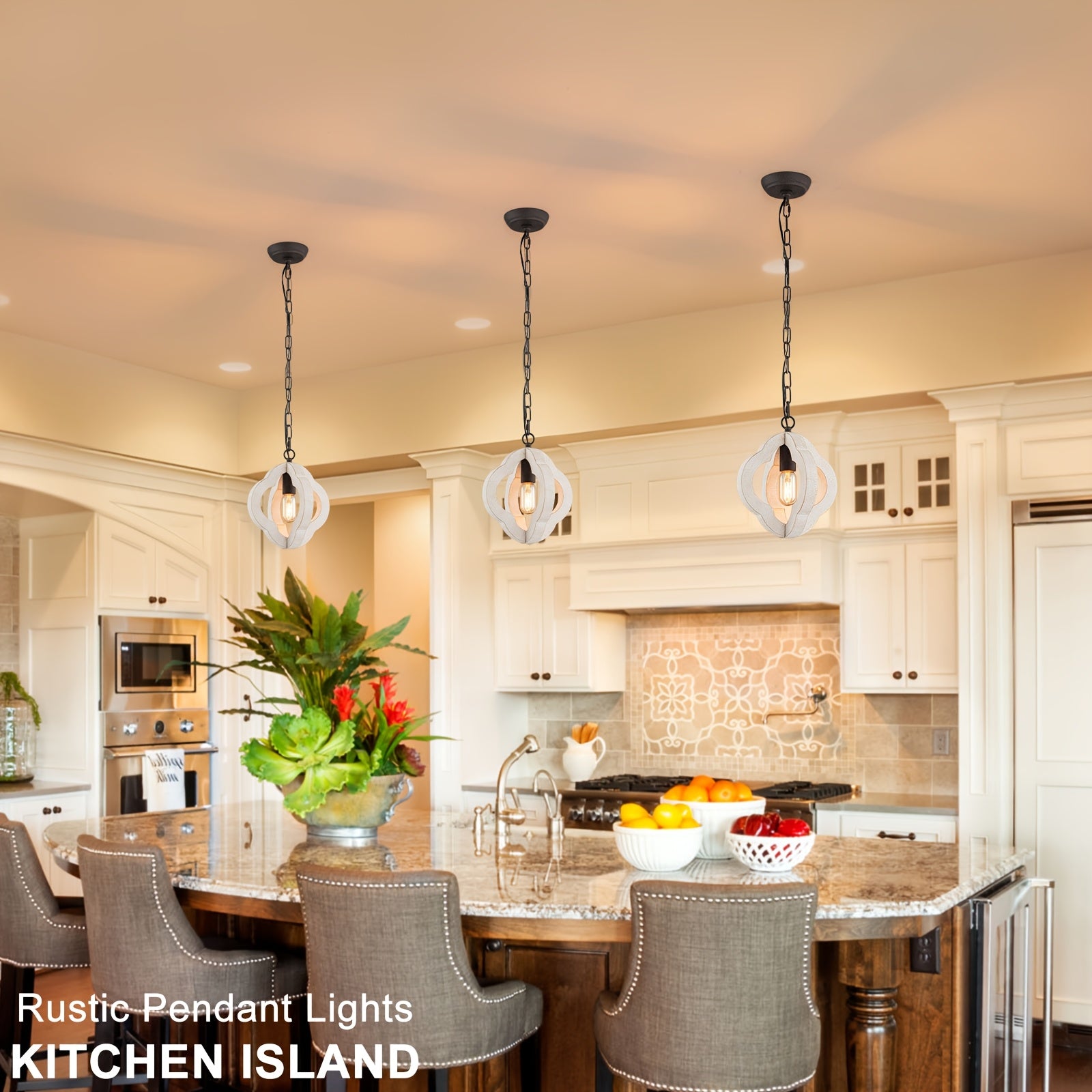 9.84-Inch Modern Farmhouse Style Wood Pendant Light, Distressed White Oak Finish with Adjustable Chain – Semi-Flush Mount Ceiling Hanging Fixture, Suitable for Kitchen Island, Dining Room, Entryway, Foyer