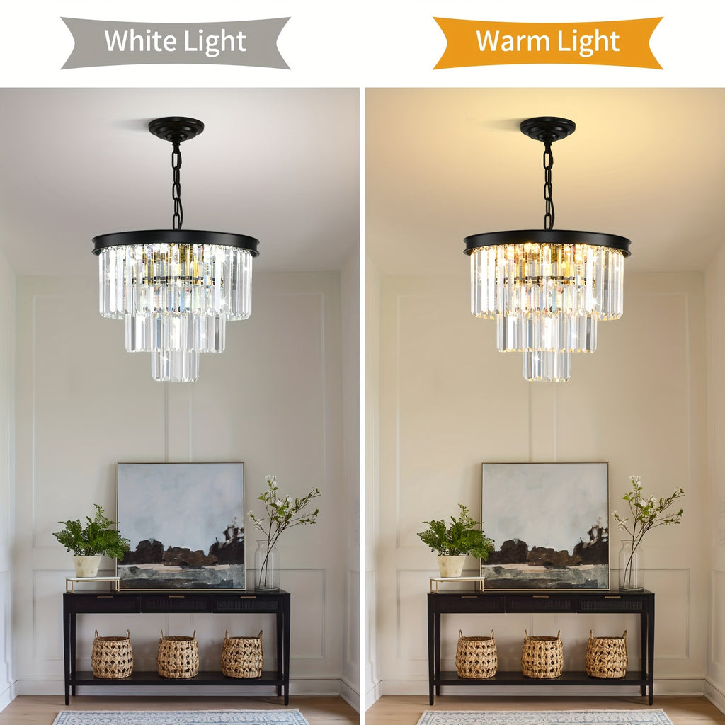 Modern Crystal Chandelier Gold 15.7-Inch Round Pendant Light, 7-Light Ceiling Chandelier Fixture for Dining Room, Raindrop Luxury Black Flush Mount Chandelier for Entryway Living Room