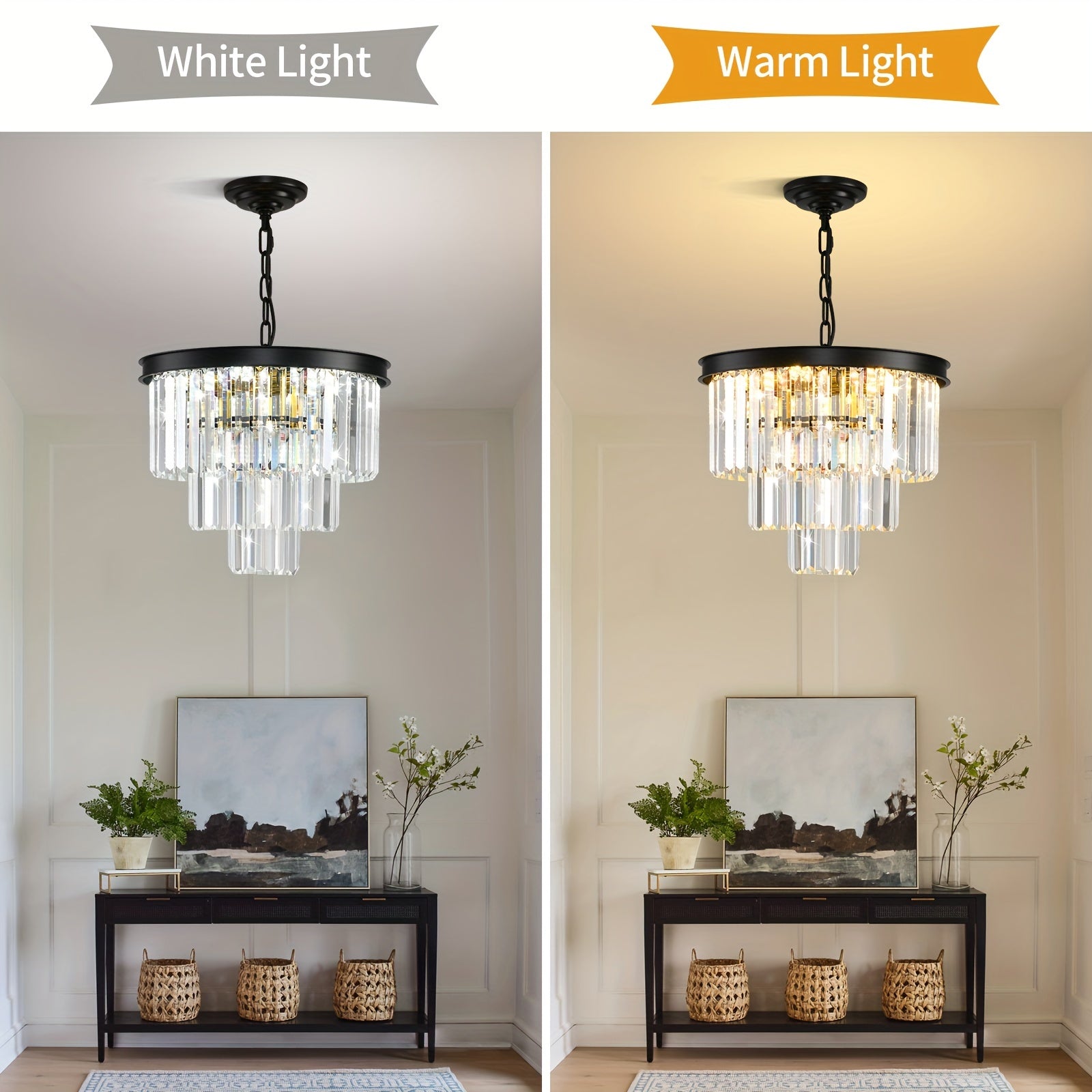 Modern Crystal Chandelier Gold 15.7-Inch Round Pendant Light, 7-Light Ceiling Chandelier Fixture for Dining Room, Raindrop Luxury Black Flush Mount Chandelier for Entryway Living Room