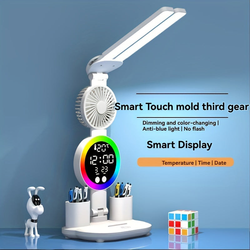 Smart Desk Lamp with Fan + Pen Holder + Time Display - USB Powered Touch Control, 4-Head Adjustable Lighting, Time & Temperature Display, Color Changing, Eye-Caring Design, Ideal for Home Office Dorm Study, Perfect Gift & Study Helper