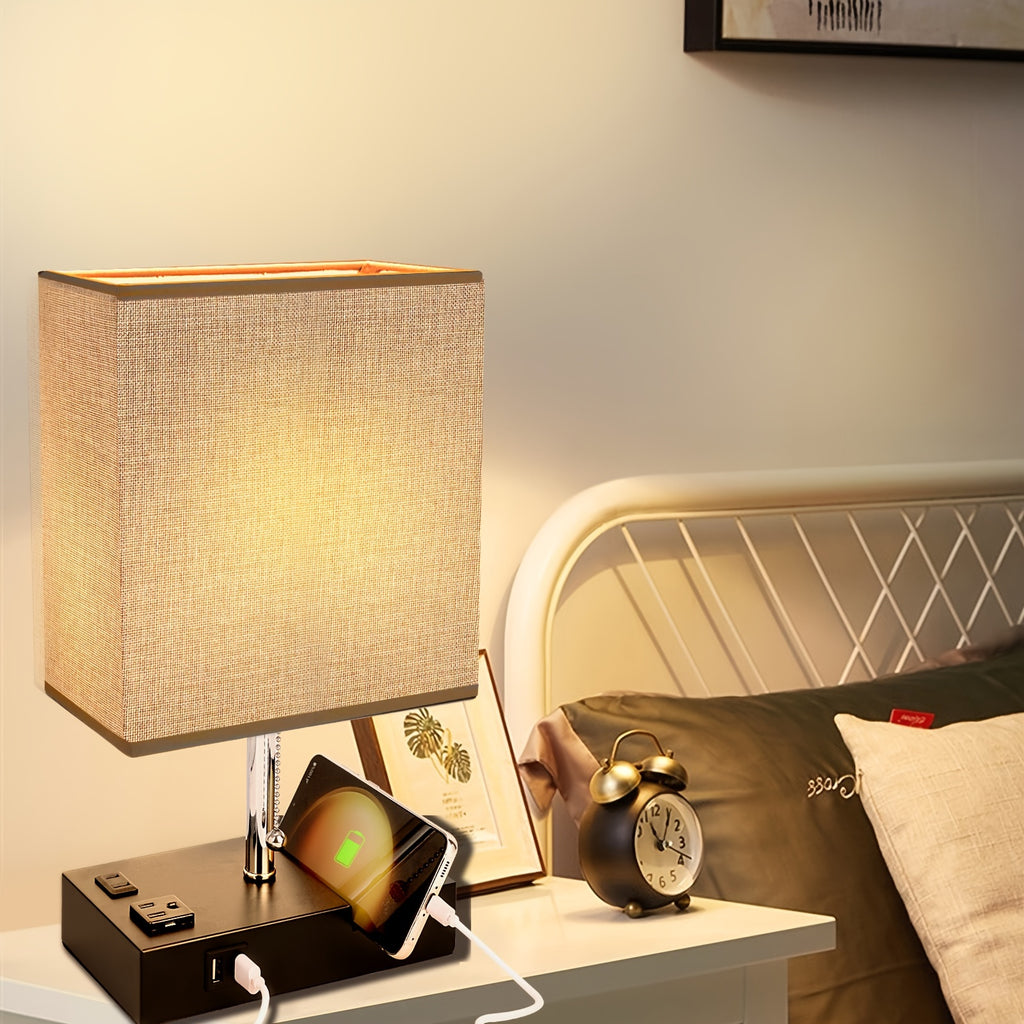 Large fabric table lamp, US standard, dual USB with AC 3-pin and 2-pin plug, with phone stand, with 3-color bulb