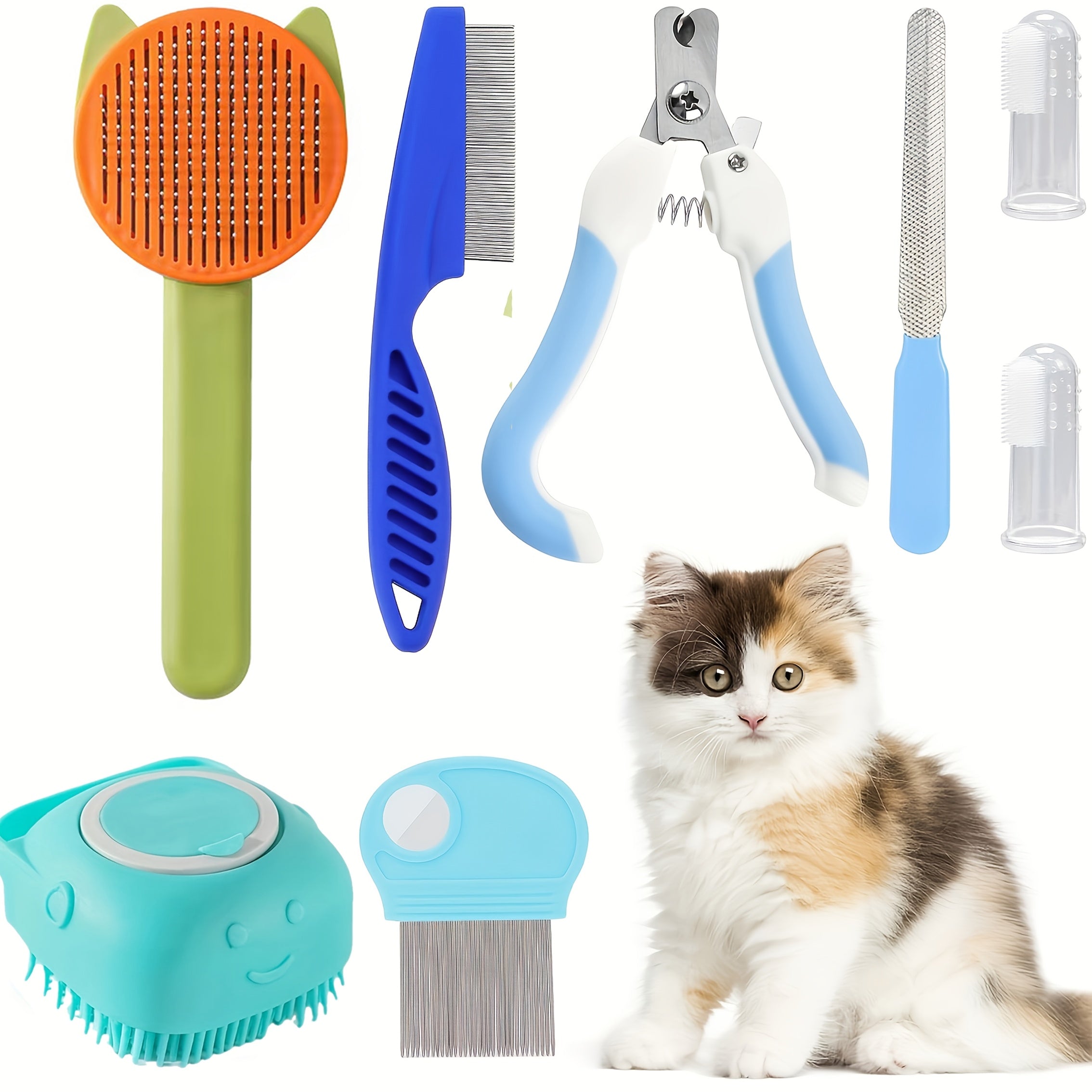 8pcs 猫刷美容套装、带宠物指甲刀和锉刀的宠物清洁套装、跳蚤梳、宠物洗发水刷、宠物脱毛刷和硅胶牙刷