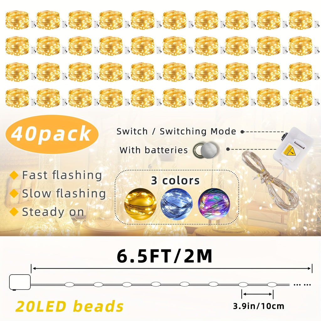 40 Pack仙女灯电池供电 - 6.5 英尺(2米)20 个 LED 闪光灯铜线迷你串灯适用于梅森罐 DIY 工艺品圣诞婚礼节日派对餐桌装饰,暖白色