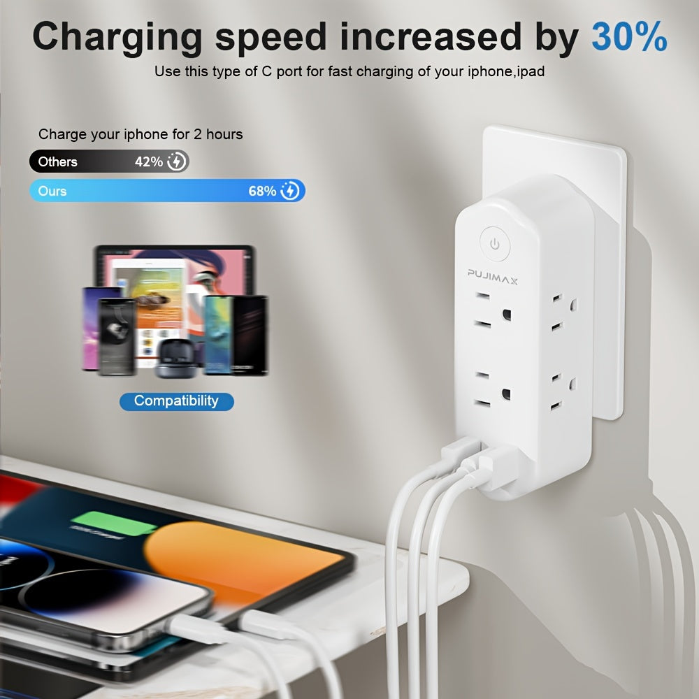 2/1 PUJIMAX American Multifunctional Wall Socket, Including 2 USB Ports, 1 Type-C Port, 6 AC Plug Ports, Surge Protection, Safety Intelligence, Plug Support 360 ° Rotation, Travel Plug Adapter, Electrical Sockets, Suitable For Home, Office, School, Dormit