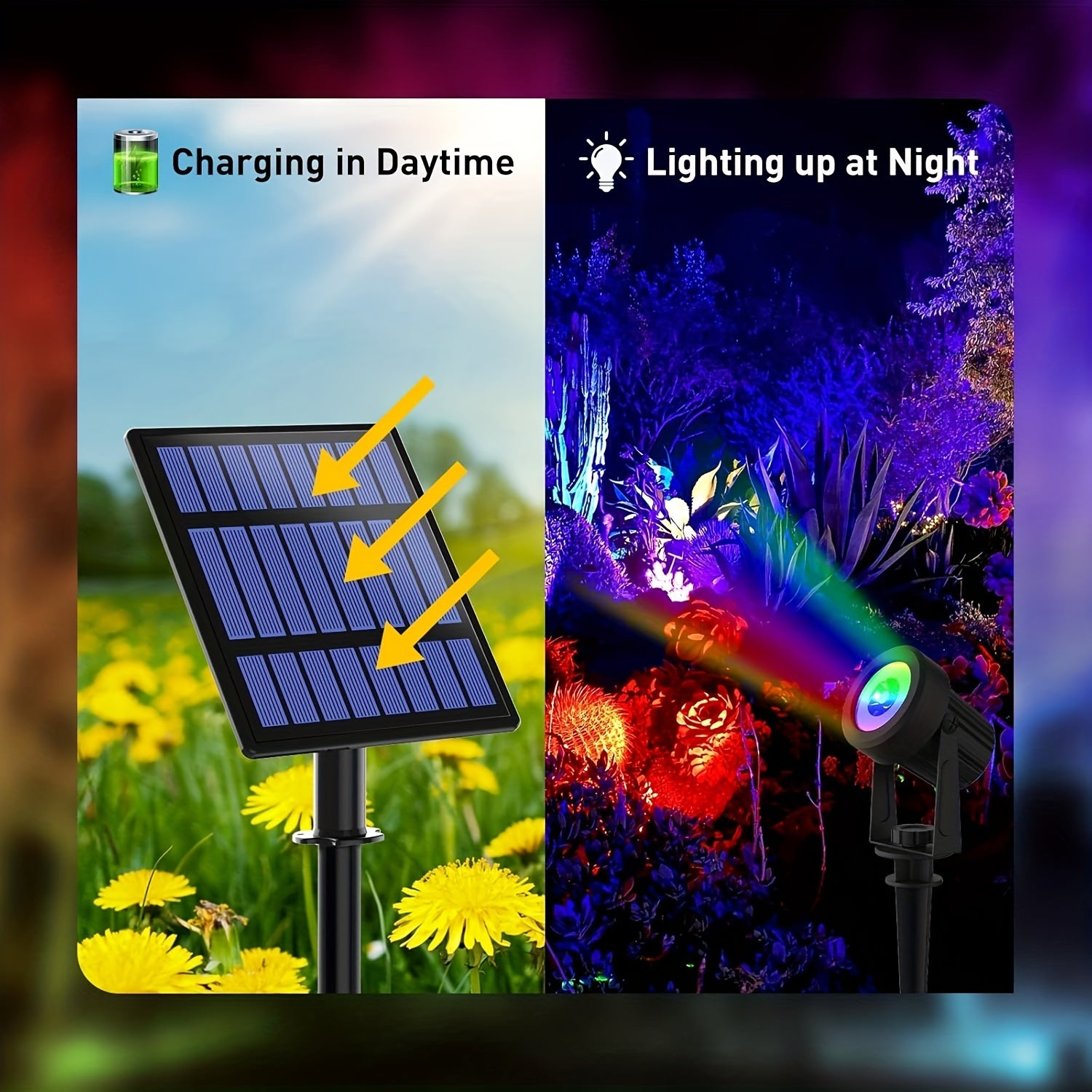 A set of outdoor solar spotlights suitable for Christmas and Halloween, with RGB color cycling, LED landscape lighting, 9.8 ft cable, separate solar panel, and dusk-to-dawn function, can be used to illuminate driveways, walkways, and pool areas