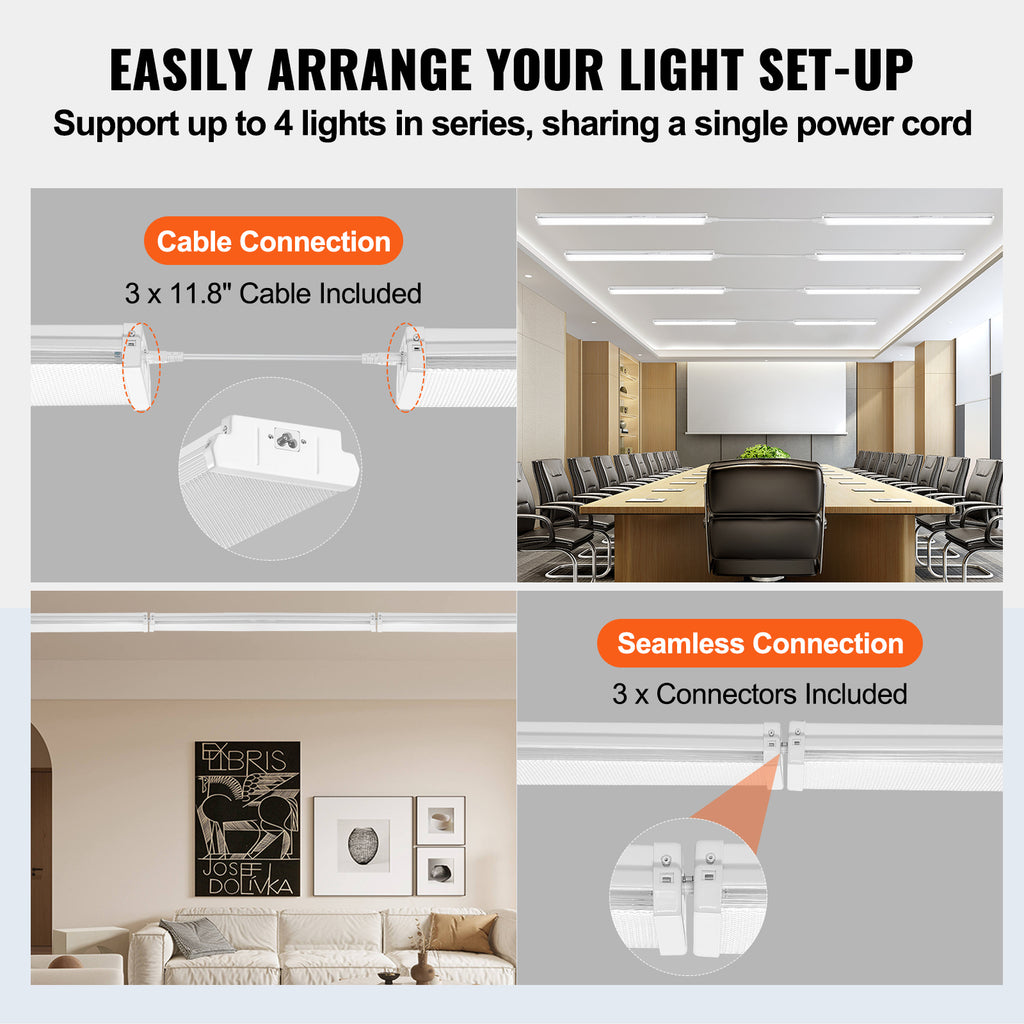 VEVOR 4/8 ft LED wrap light, 50W, 5500LM recessed LED shop light, 4-pack 6500K daylight LED kitchen ceiling light fixture, suitable for garage, office, laundry room fluorescent light replacement, FCC certified