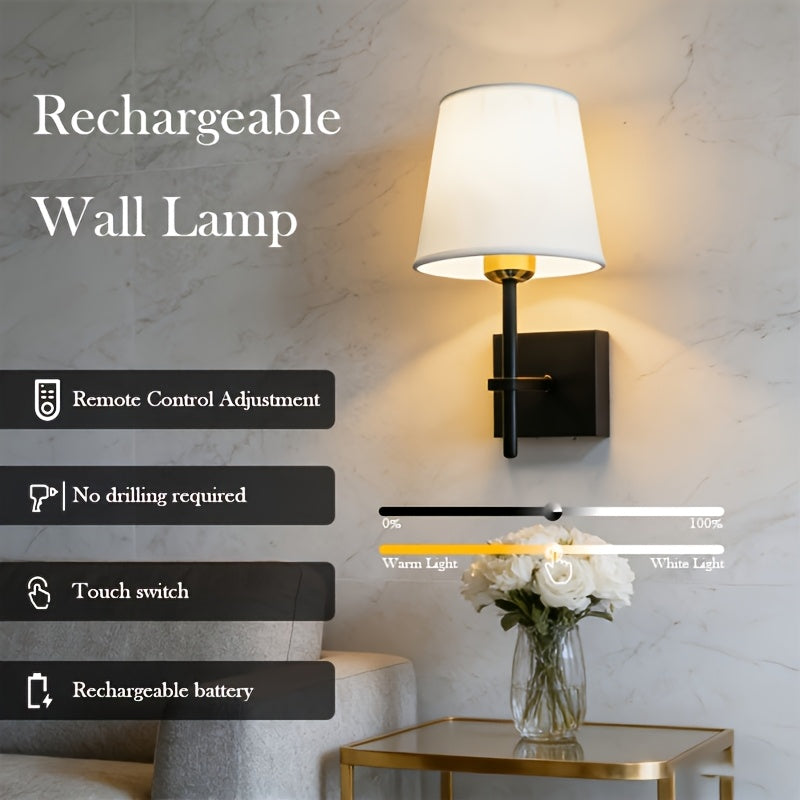 Wall-mounted battery-powered wall light, black rechargeable wall light, with 4000mAh dimmable bulb and remote control, adhesive wall light, 3 color temperatures optional, supports remote and touch control