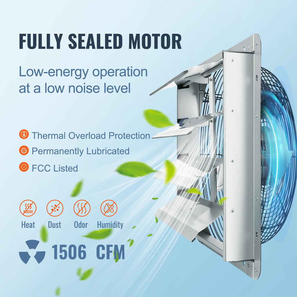 VEVOR 16" Shutter Exhaust Fan with Speed Control – AC Motor, 2000 CFM, Easy Wall Mount Installation, for Greenhouses, Garages & Sheds, US Plug