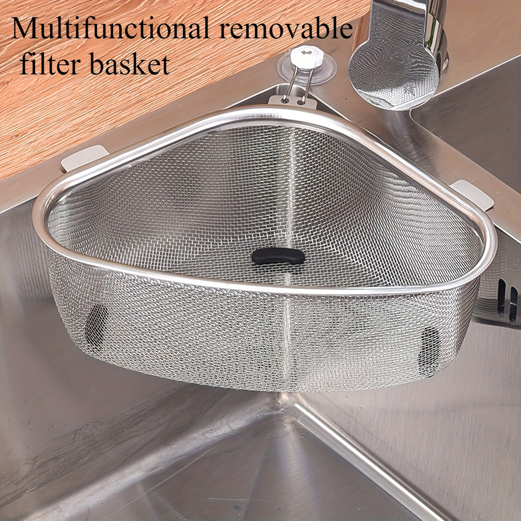 Triangular Stainless Steel Sink Strainer Basket - Removable Food Waste Filter with Mesh Storage Basket, Easy to Clean, for Hanging & Standing in Kitchen, Kitchen Sink Drain Basket