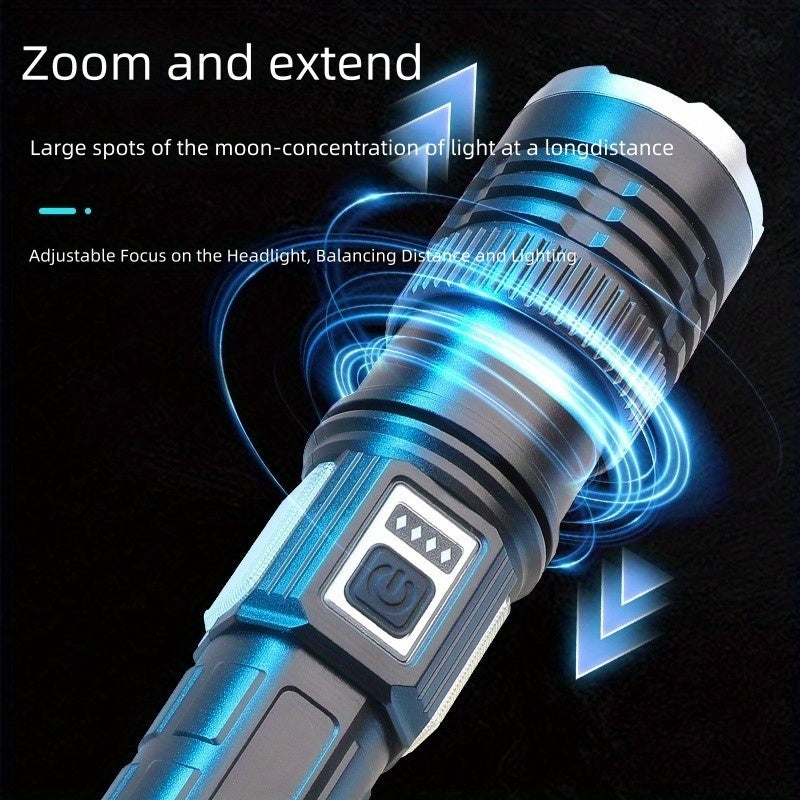 Solar Charging LED Flashlight High Lumen 2400mAh Battery COB Side Fill Light 9 Lighting Modes Zoomable & Beam Adjustable Non-Slip Grip Handheld Flashlight for Camping Mountaineering Home Daily Lighting
