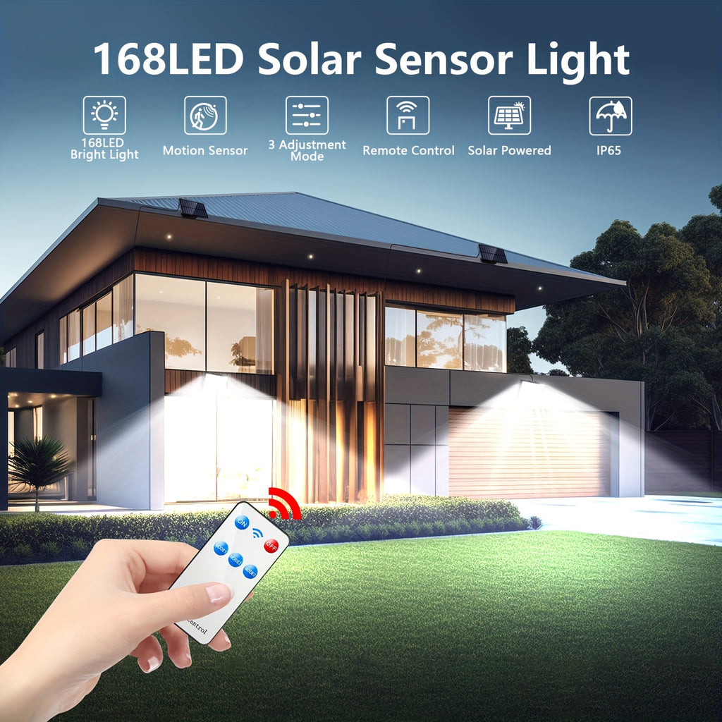 1/2 Pack Solar Outdoor Light, High Brightness Sensor Light with 168 LEDs, Garden Light with Remote Control, Street Light with 3 Lighting Modes, IP65, Security LED Floodlight with 16.5FT Cable, Suitable for Outdoor and Indoor Wall Light