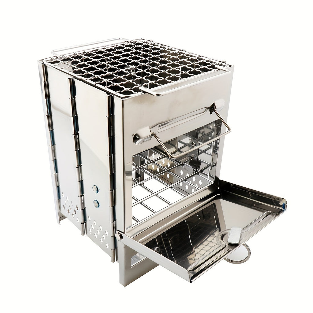 1 Outdoor Mini Wood Stove, Stainless Steel, Ideal for Picnic BBQ & Camping, Includes Storage Bag - Only for Cooking
