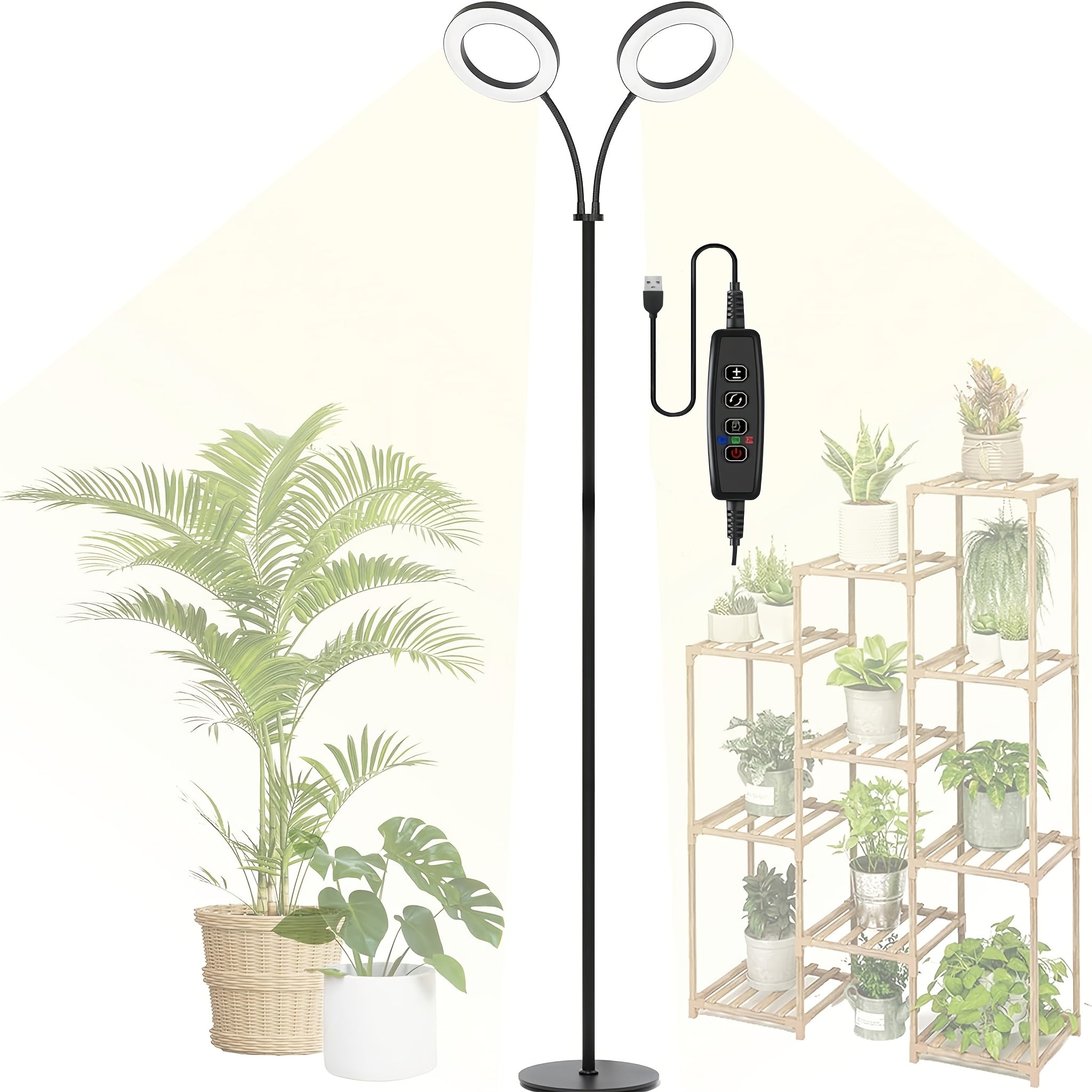 Large Indoor LED Winter Plant Grow Light, USB Powered, 72 Full Spectrum LED Beads, Adjustable Stand, 66.93in Tall with Base, 5 Dimming Levels, Blue/Red/White/Warm White Optional, 3/9/12H Timer, Suitable for Seedlings & Succulents