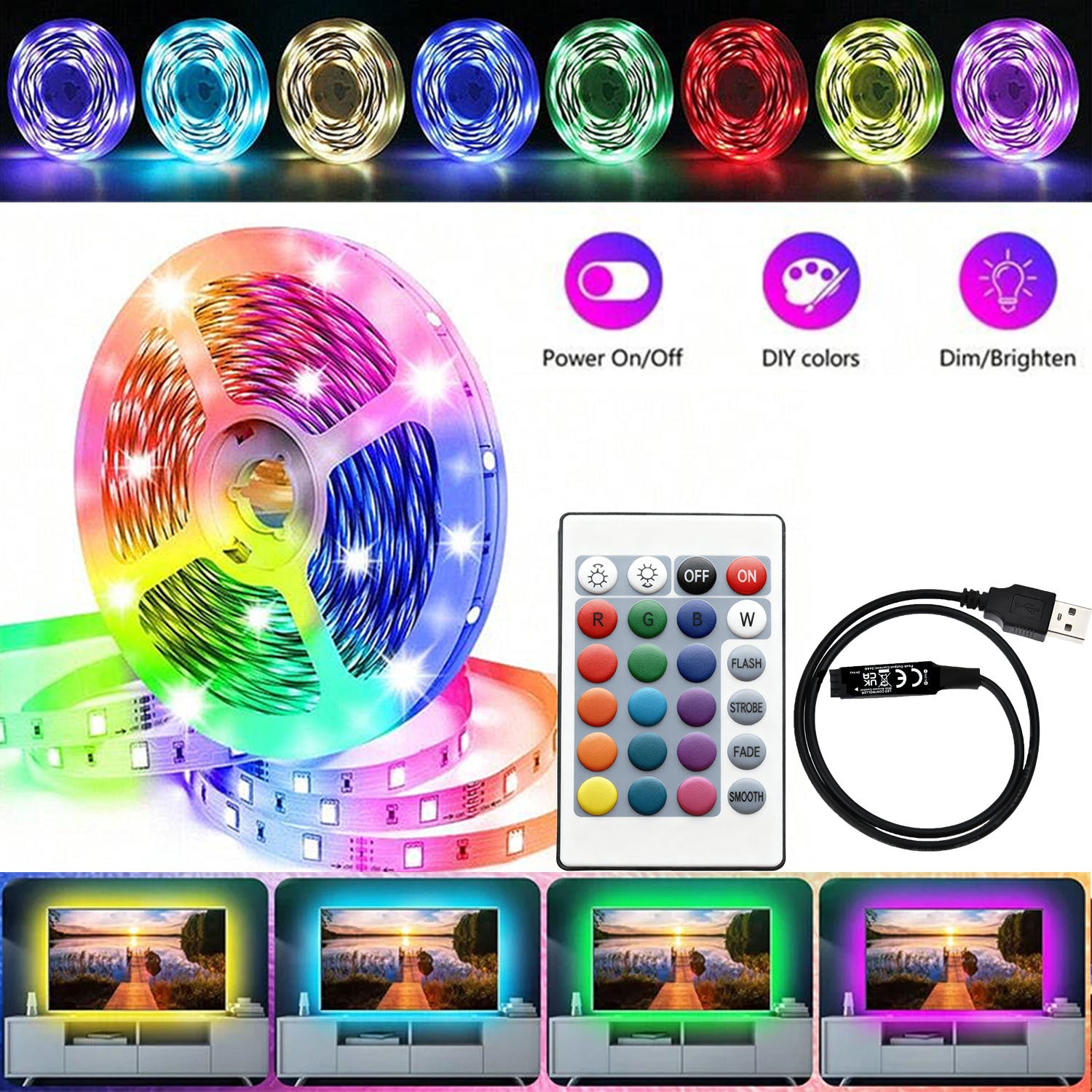 USB RGB LED电视背光灯套装，3535贴片柔性灯带配24键遥控器，可调光氛围灯，适用于32-65英寸电视及电脑显示器，自带背胶易于安装