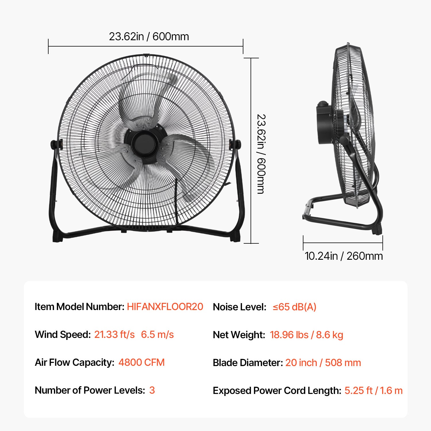 VEVOR 14-20 Inch Floor Fan, 3 Speed, 360° Adjustable Tilt, High Speed Industrial Fan, 1/2 Pack