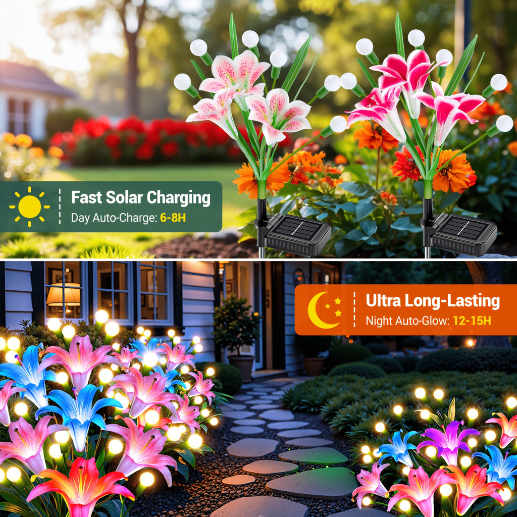 8/4 Pack Solar Garden Light Set - New Upgraded Outdoor Solar Light, 7-Color Changing Lily Light, Perfect for Courtyard, Includes 12 Realistic Lilies & 24 Firefly Lights, Garden Decoration, More Realistic Lily Flower - Birthday & Holiday Gift