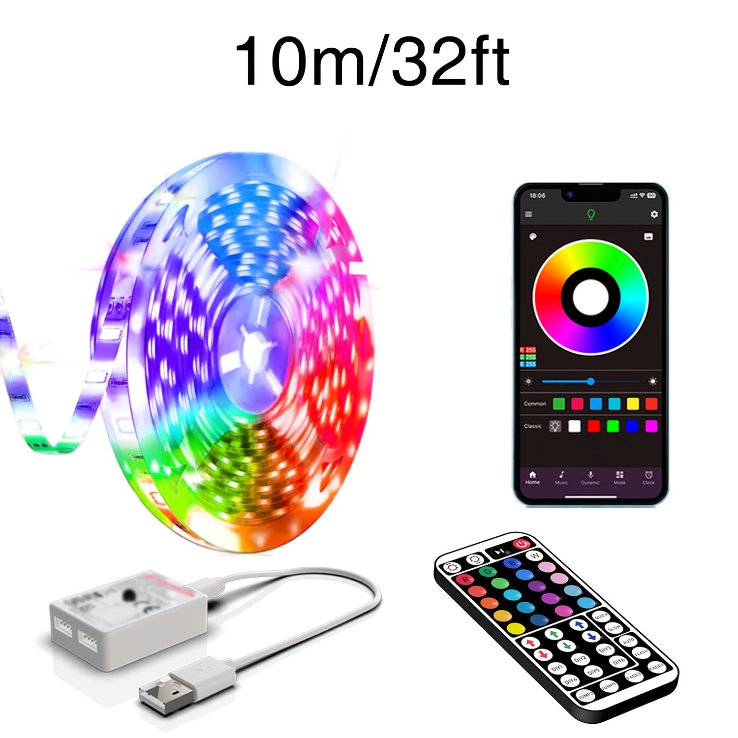 NBBUFF 3.28-100英尺智能电子LED灯带，USB供电RGB灯带，房间装饰照明，支持APP和遥控，定时功能，音乐同步，1600万种颜色，64+种场景模式，适用于卧室、电视、电脑背光、万圣节、圣诞节、派对及婚礼装饰