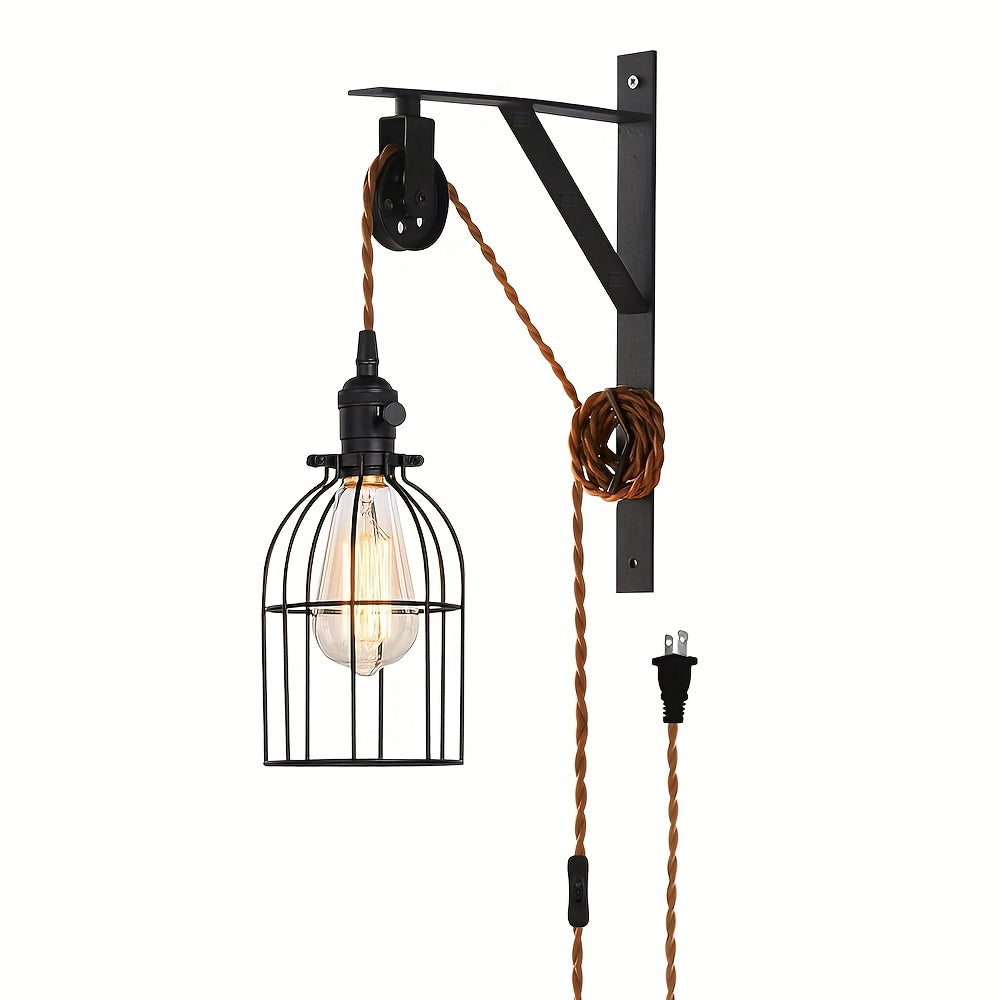1/2-Piece Farmhouse Style Plug-In Pulley Pendant Light, with Brown Cord and Switch Wall Light