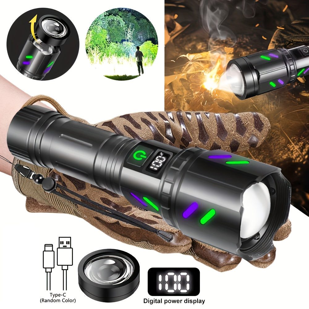 30W Ignition Zoom Flashlight With Ignition Lens Type-C Rechargeable Digital Power Display 5 Modes Aluminum Alloy Material Built-in Power Bank Function Portable Tactical Flashlight for Outdoor Emergency Camping Travel Patrol