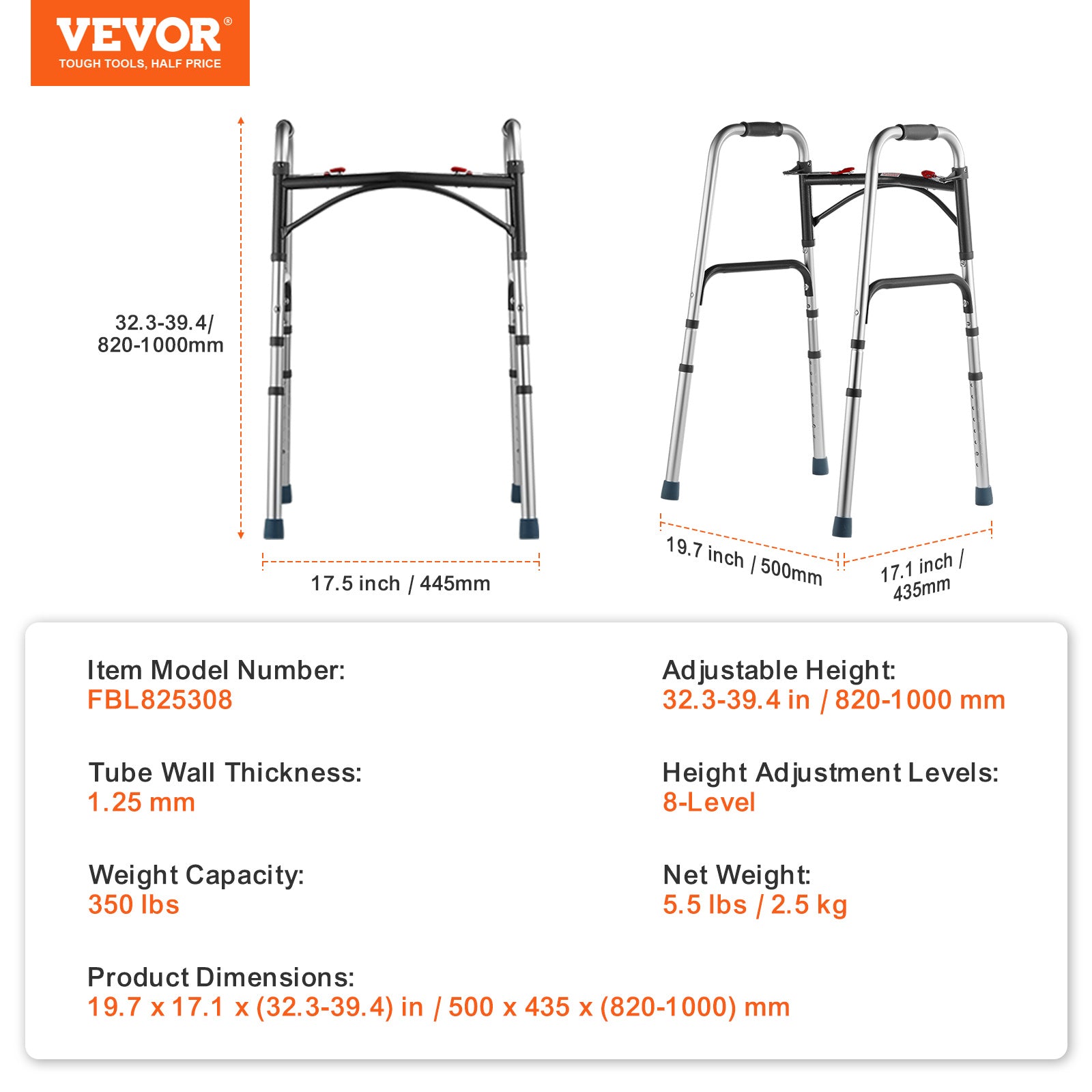VEVOR 可折叠铝合金助行器 可调节高度 350磅