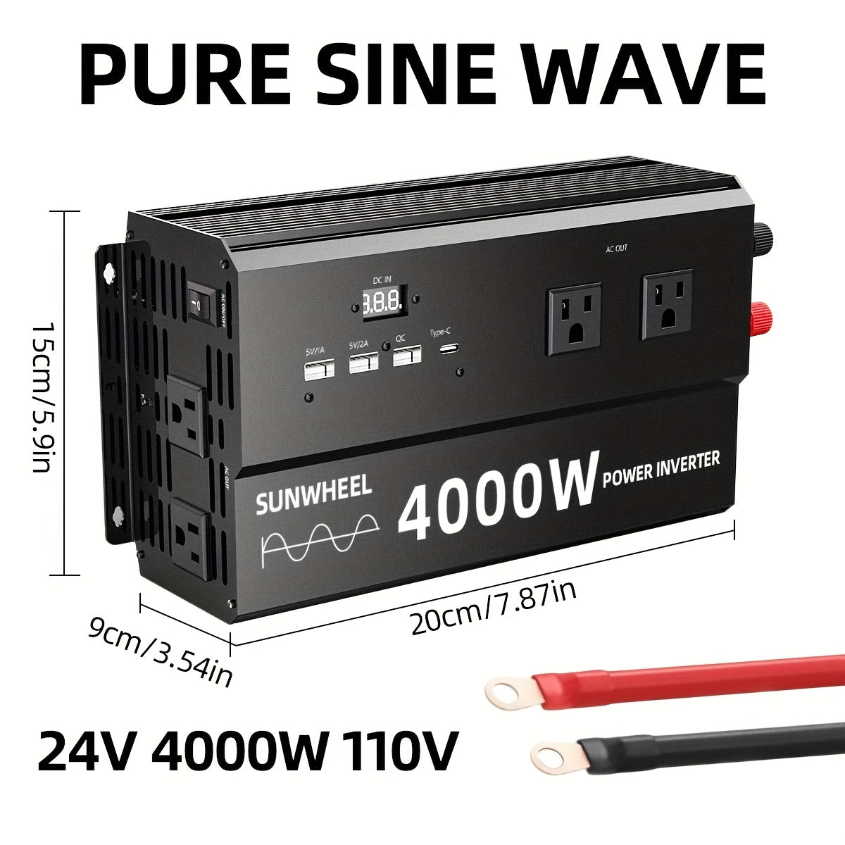 纯正波5000W 4000W 110V车载电源逆变器，快速充电，数字电压显示，智能快速充电，5000W大功率变压器-车载3个USB插头，1个Type-C插头，适用于汽车，家庭，笔记本电脑，卡车，美规插座