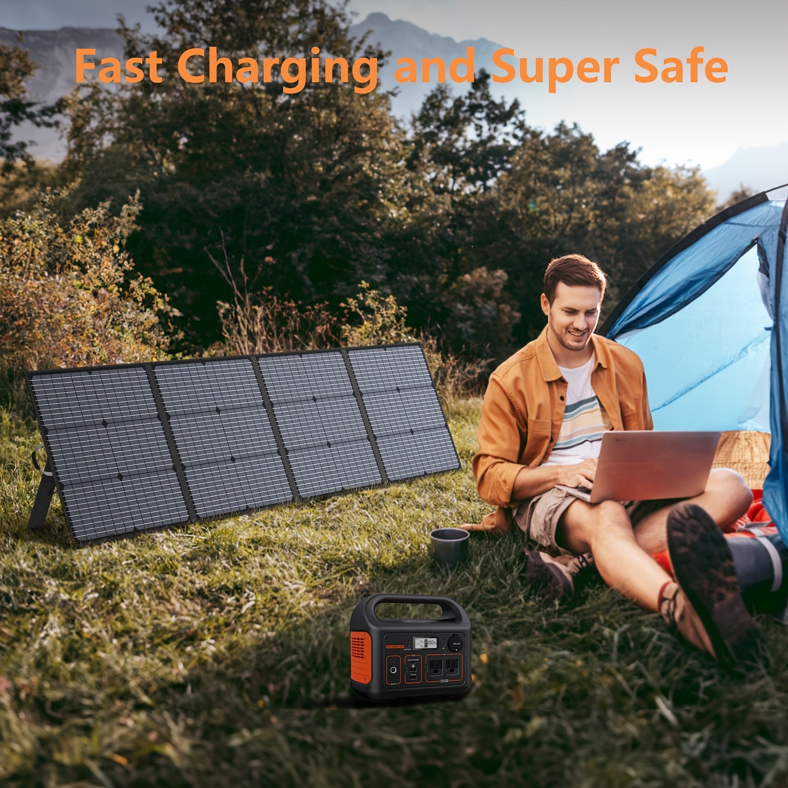 220瓦行動式太陽能發電板，適用於露營電源站，露營必備品，220W 40V可摺疊太陽能板配太陽能線，23.5%高效發電，帶4個支架，適用於露營房車停電時使用。萬聖節秋季主題