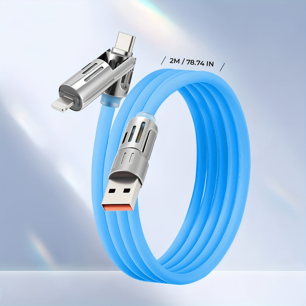 240W 4-In-1 Multifunctional USB Liquid Silicon Aluminum Alloy Data Cable Charging, USB Charger Data Cable, Suitable for Fast Charging And Data Transfer, Suitable for Samsung, Xiaomi, Apple, Multi Device Charging, Ultra Fast Charging Data Cable