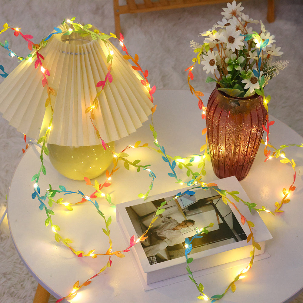 1入 2M/6.56Ft 多彩人造葉子 仙女燈串，20 LED 彩色藤蔓花環，電池供電（不含電池），適用於臥室、牆面裝飾、桌面裝飾、派個、婚禮、感恩節、聖誕節裝飾，非常適合秋季主題裝飾
