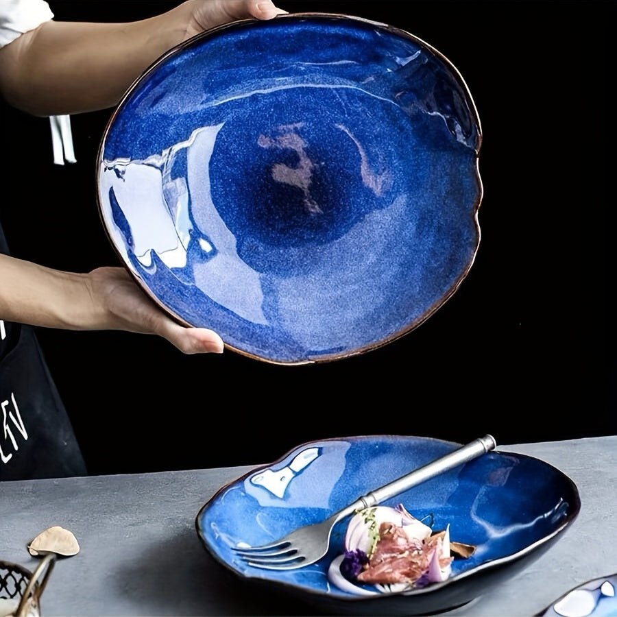 4-Pack Cat‘s Eye Blue Nordic Ceramic Food Plate – Home Pottery Irregular Dinnerware, Salad Platter Tableware