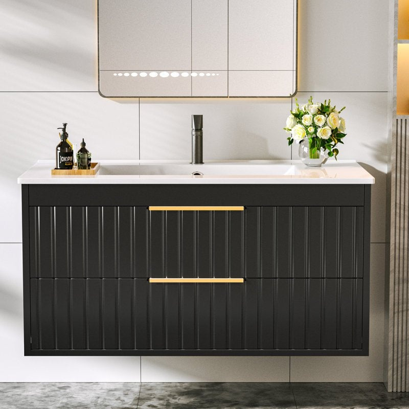 Bathroom Vanity with Sink - Wall Mount Floating Basin Cabinet, Soft-Close 2 Large Drawers, Modern Textured Stripe Design, Hidden Damping Drawers