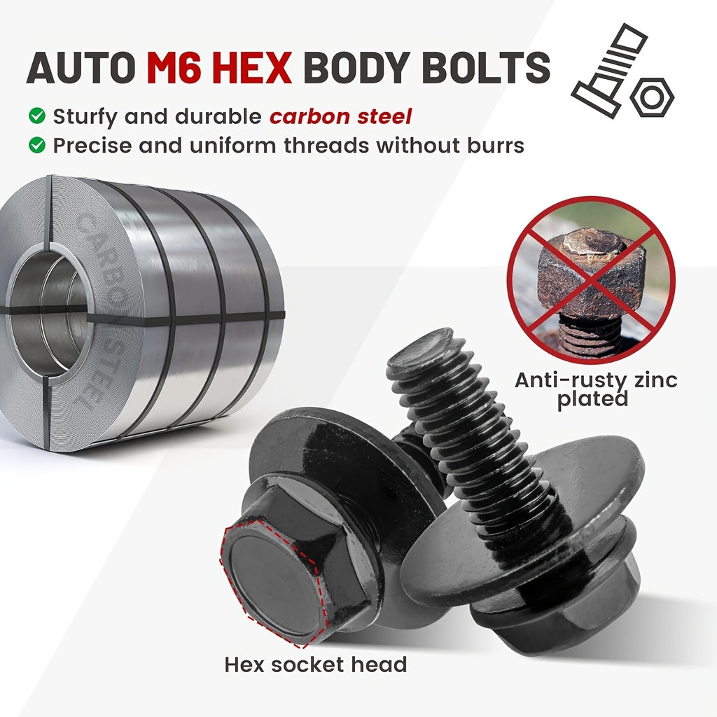 50-Piece 1/4" U-Nut Clips and Hex Head Auto Fender Bolt Set – for Car Fenders, Engine Splash Shields, Hoods & Bumpers