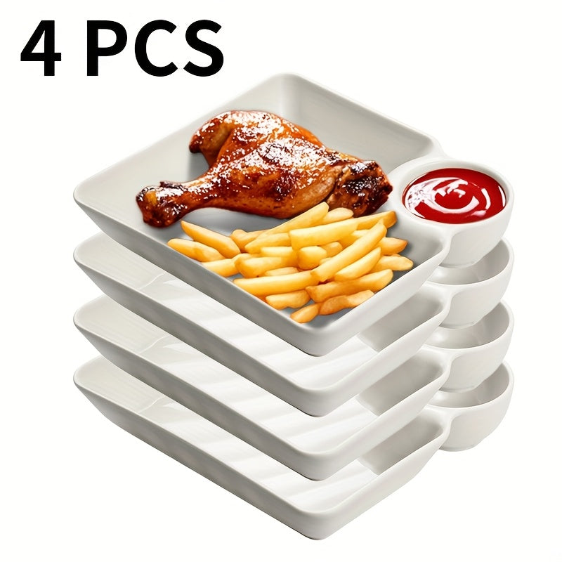 7.3x6.6 Compartment Snack Plate Set, Plastic Divided Dumpling Plate / Sushi Plate / Fry Dipping Plate with Sauce Area, Unbreakable, Microwave & Dishwasher Safe